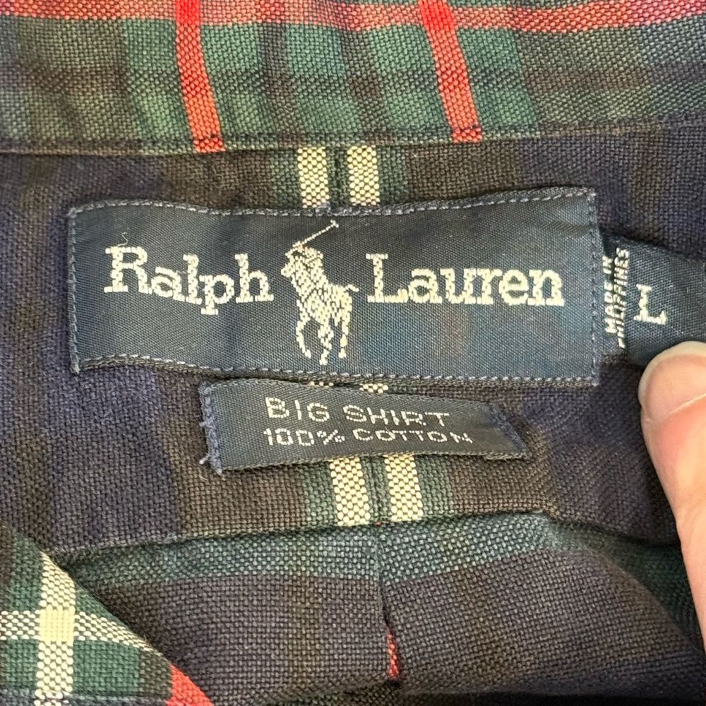 VTG Ralph Lauren BIG SHIRT Men L Navy Green Red Plaid Button Down 100% Cotton - Picture 6 of 15